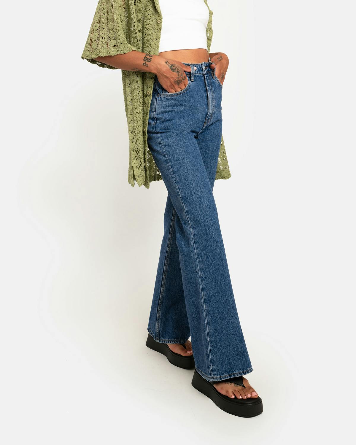 retro flare jeans in organic mid vintage - unspun custom denim