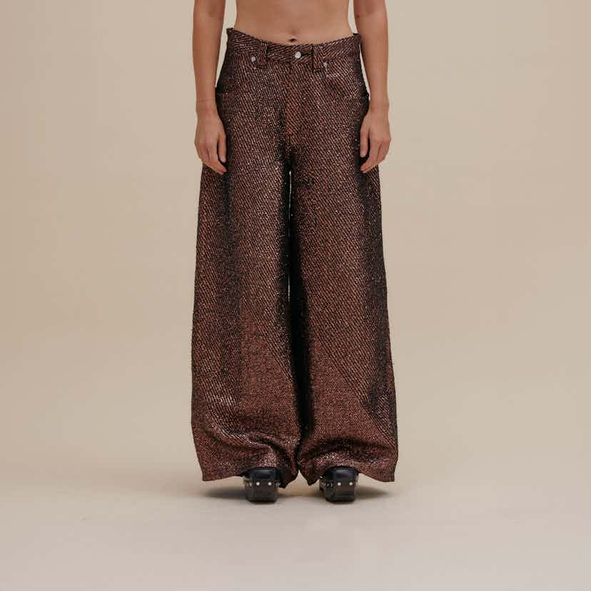 3D Woven Ultra Wide Leg Pants In Tinsel