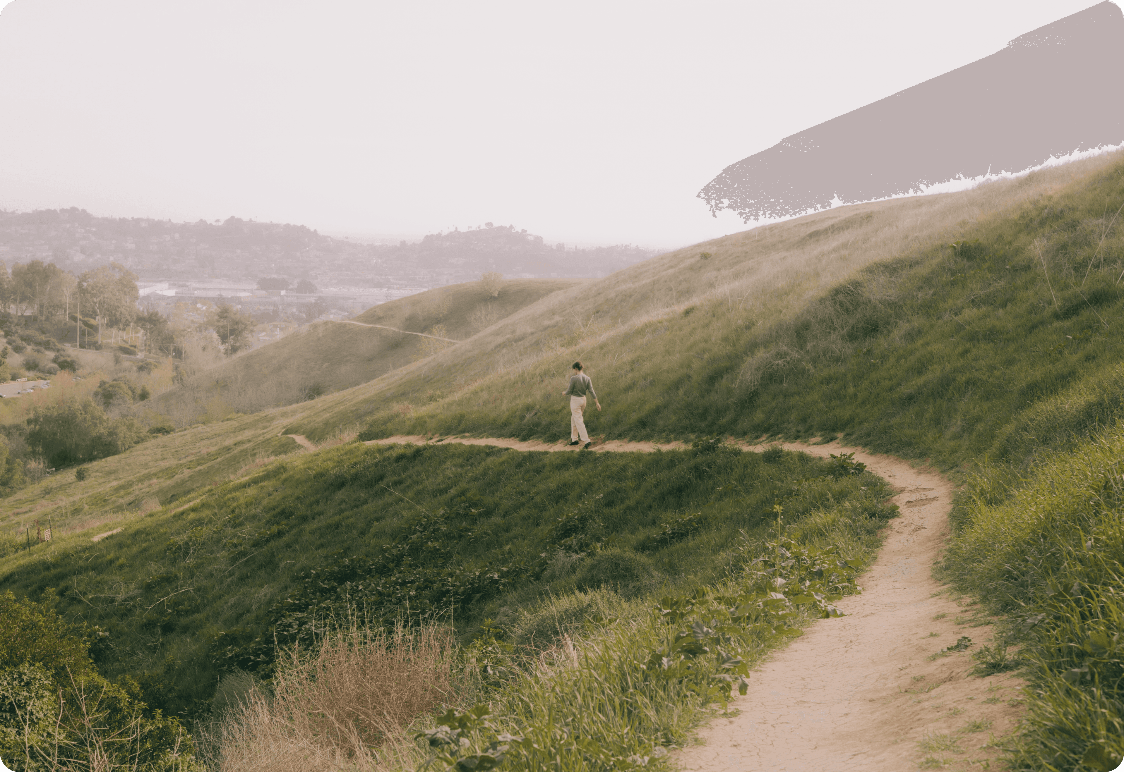 Woman walking on a grassy road.