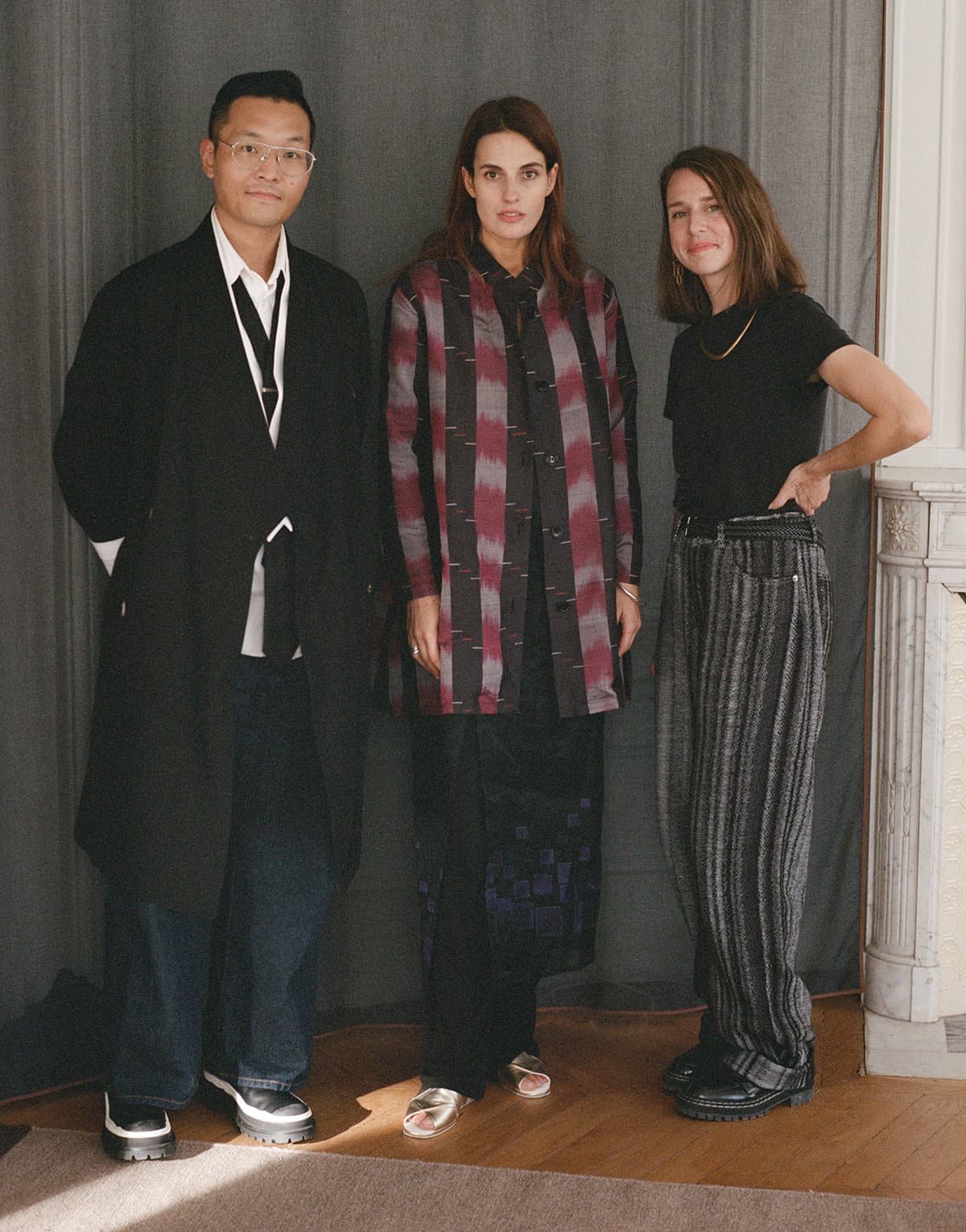 unspun founders Walden Lam and Beth Esponnette with Ana Kraš, center, at her Paris apartment for the TEGET launch.