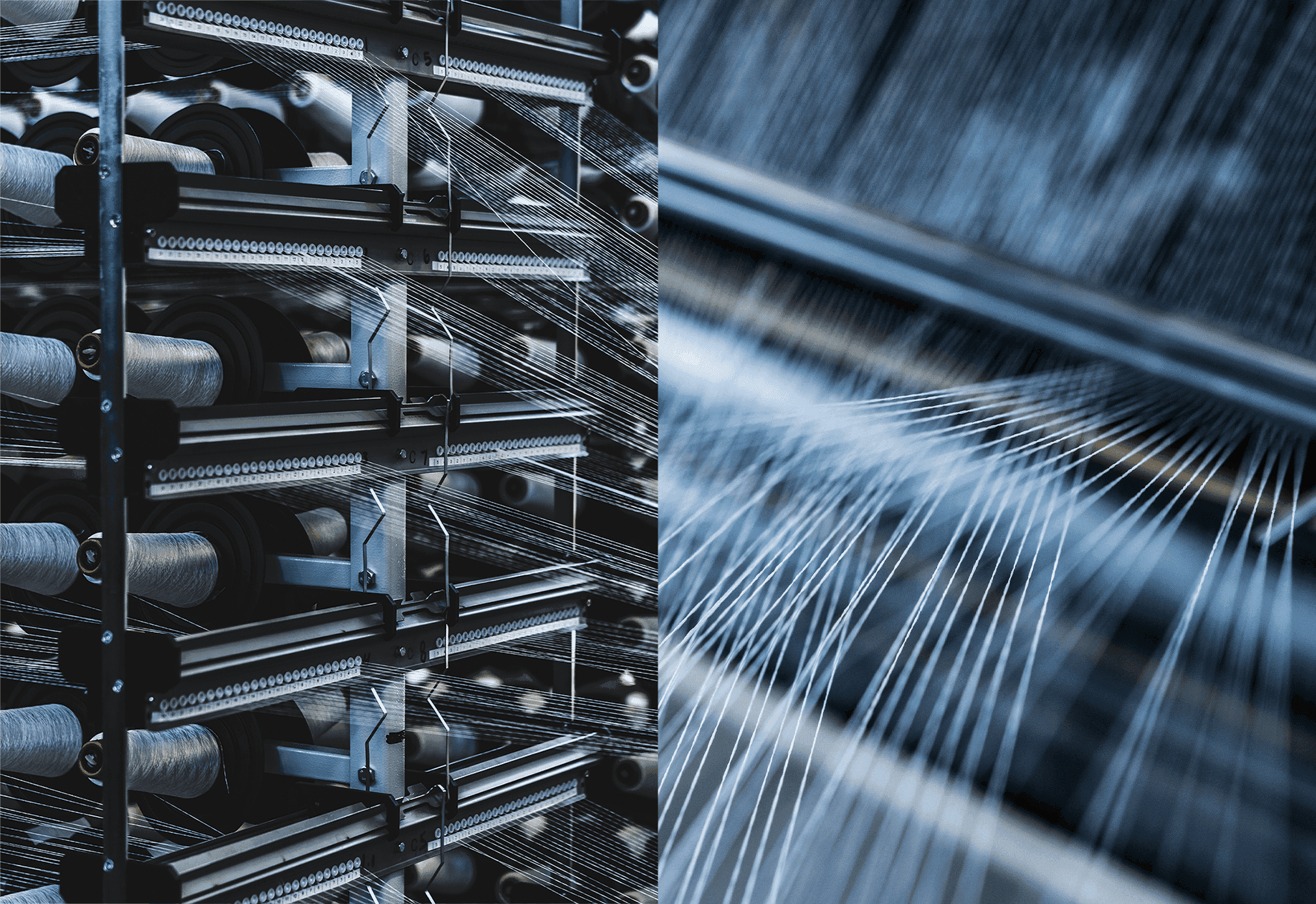 Vega machine closeups. Yarn and kreels being woven on a 3D weaving machine. 